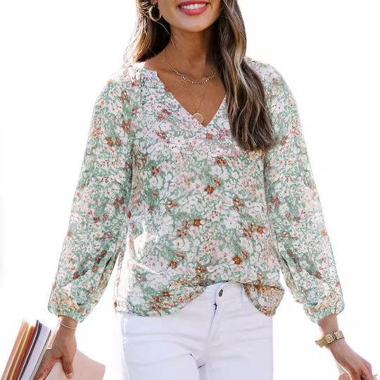Damen Bluse mit floralen Mustern und V-Ausschnitt EB