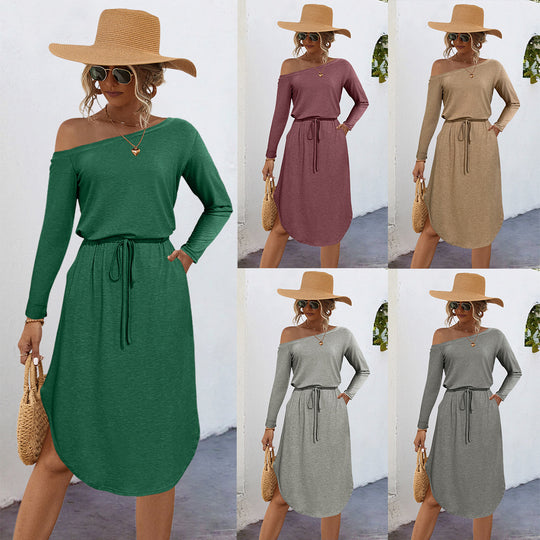 Damen lässiges Off-Shoulder Kleid mit elastischem Bund und langen Ärmeln EB