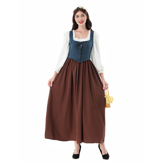 Damen nan historisches Mittelalterkleid mit geschnürter Miederweste, rüschiger Bluse und weitem Maxirock EB