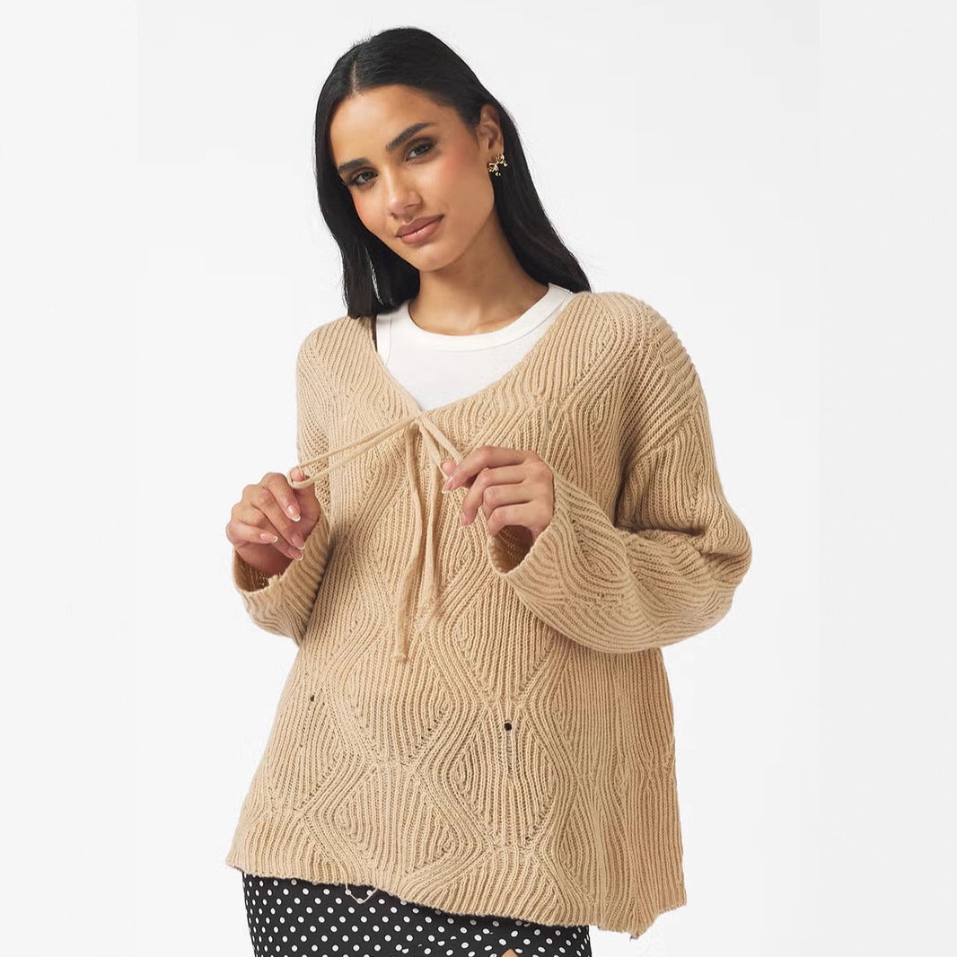 Damen Oversize Strickpullover mit V-Ausschnitt, Kordelzug und Rautenstruktur EB