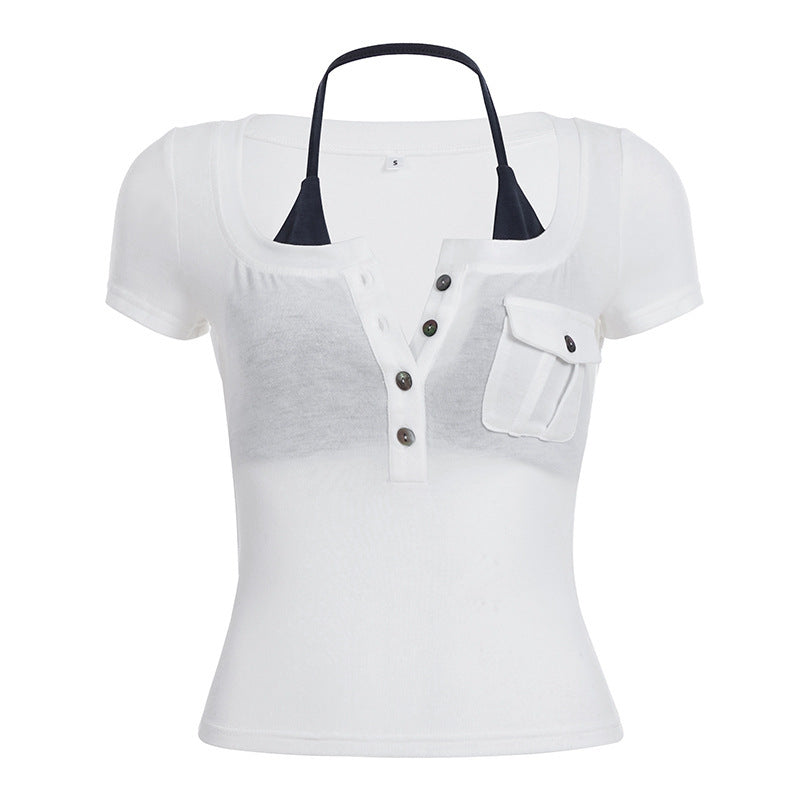 Damen Kurzarmbluse mit angesagtem Henley-Design und praktischer Brusttasche EB