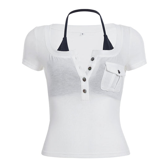 Damen Kurzarmbluse mit angesagtem Henley-Design und praktischer Brusttasche EB