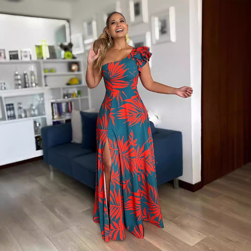 Damen Maxikleid mit asymmetrischen Rüschen und hohem Schlitz EB