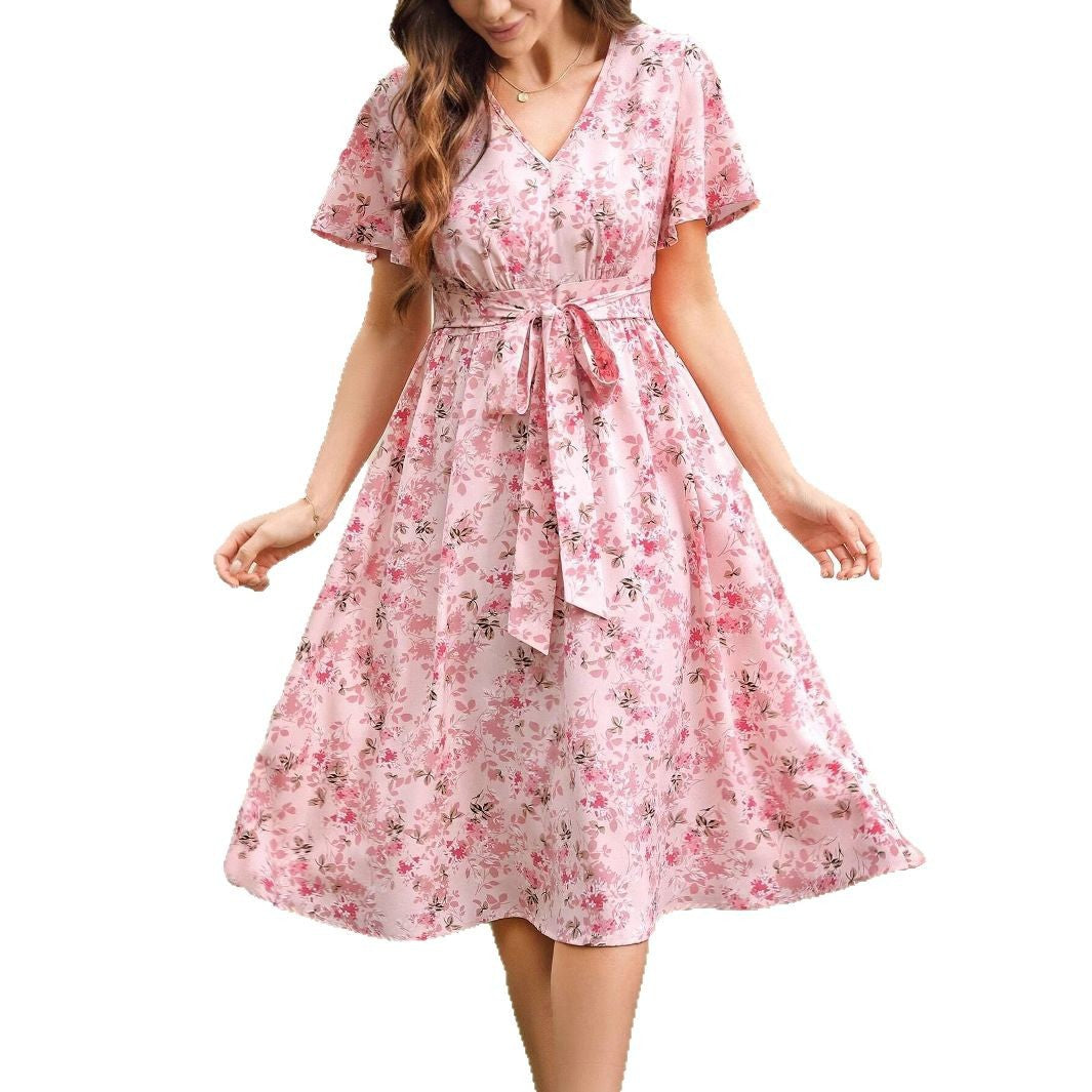 Damen Blütenmuster Wickelkleid mit Taillengürtel EB