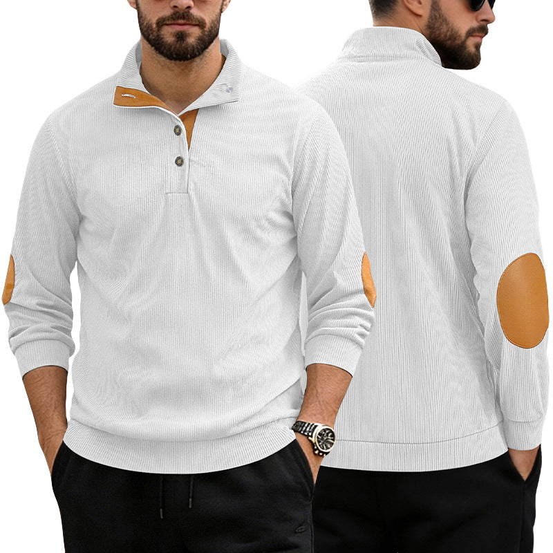 Herren nan lässiger Strukturpullover mit Polokragen, kurzer Knopfleiste und veganen Lederbesätzen EB