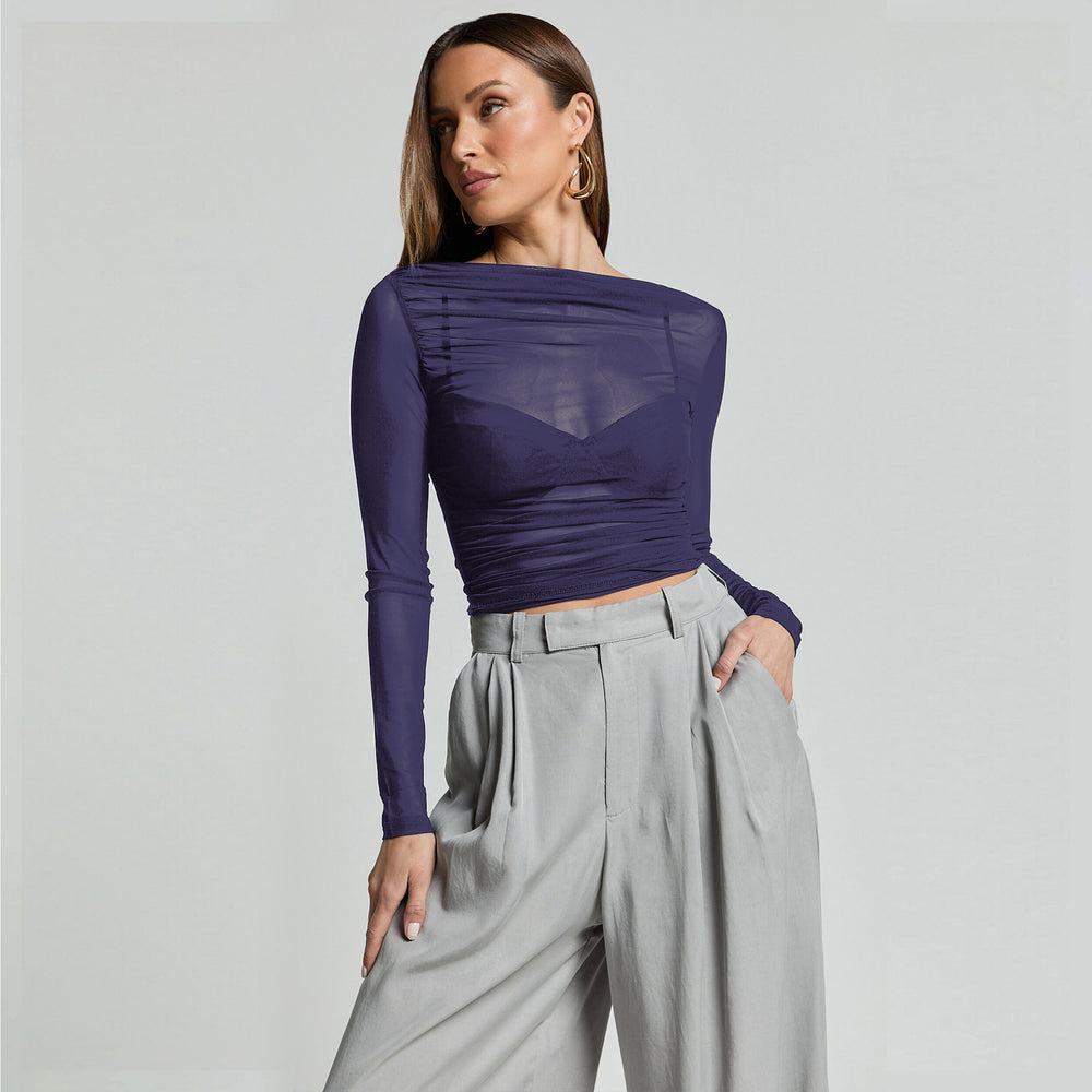 Damen Elegantes Langarmoberteil mit transparentem Mesh und Raffung EB