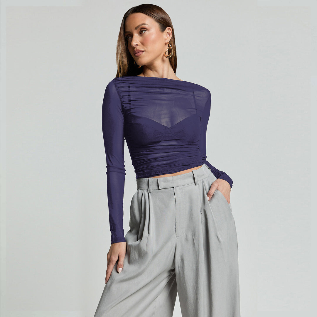 Damen Elegantes Langarmoberteil mit transparentem Mesh und Raffung EB