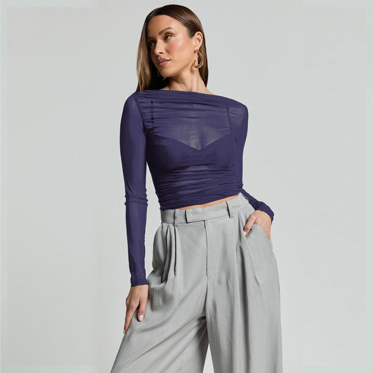 Damen Elegantes Langarmoberteil mit transparentem Mesh und Raffung EB