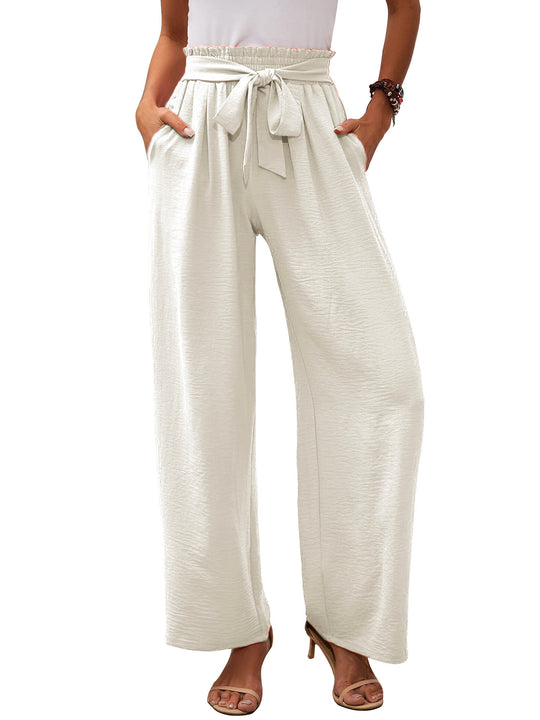 Damen nan Paperbag-Hose mit weitem Bein, hohem elastischem Bund und Bindegürtel EB