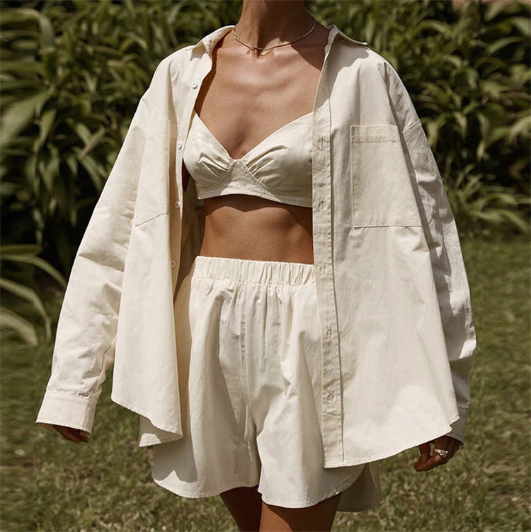 Damen nan Oversized Leinen-Hemd mit elastischem Bund Shorts Set EB