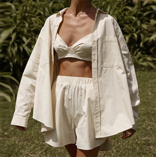 Damen nan Oversized Leinen-Hemd mit elastischem Bund Shorts Set EB