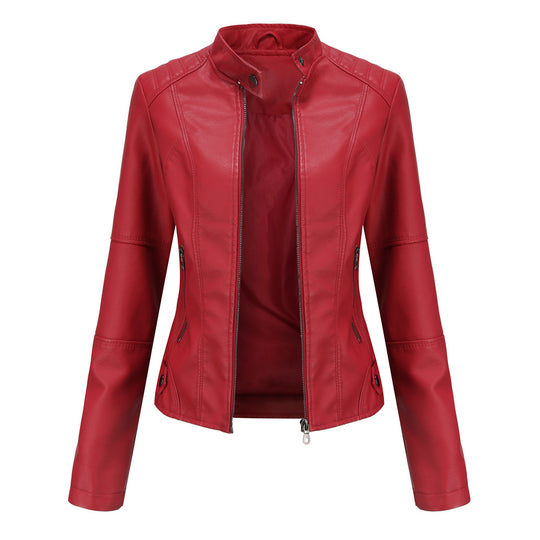 Damen nan schlanke Kunstlederjacke im Bikerstil mit Stehkragen und formenden Abnähern EB