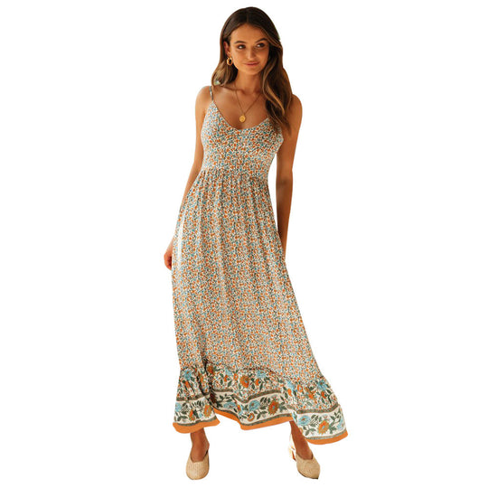 Damen Maxikleid mit floralem Muster und zartem Spaghettiträger-Design EB