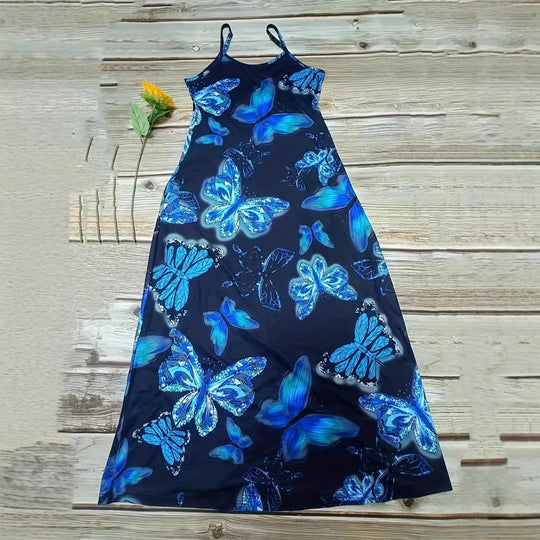 Damen Maxikleid mit schimmerndem Schmetterlingsdesign und praktischen Taschen EB