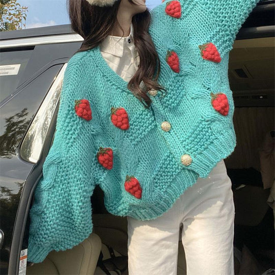 Damen Grober Strickcardigan mit Blumenstickerei und funkelnden Knöpfen EB