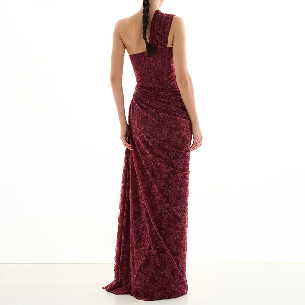Damen elegantes Abendkleid mit asymmetrischem One-Shoulder-Design und floralem Spitzenbesatz EB