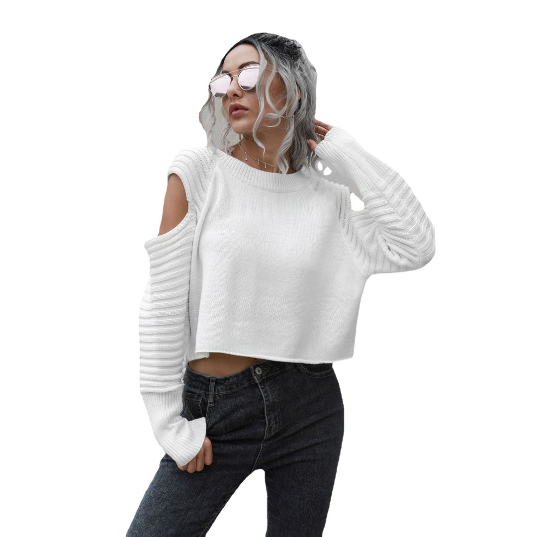 Damen Cropped Pullover mit offener Schulter und Rippstrickmuster EB