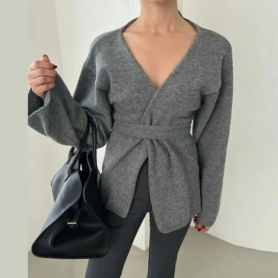 Damen Eleganter Strickmantel mit Wickeldesign EB