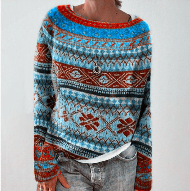 Damen nan gemusterter Norwegerstrickpullover mit weitem Rundhalsausschnitt und lässigem Oversize-Schnitt EB