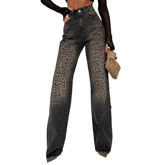 Damen Weite Leopard-Print Jeans EB