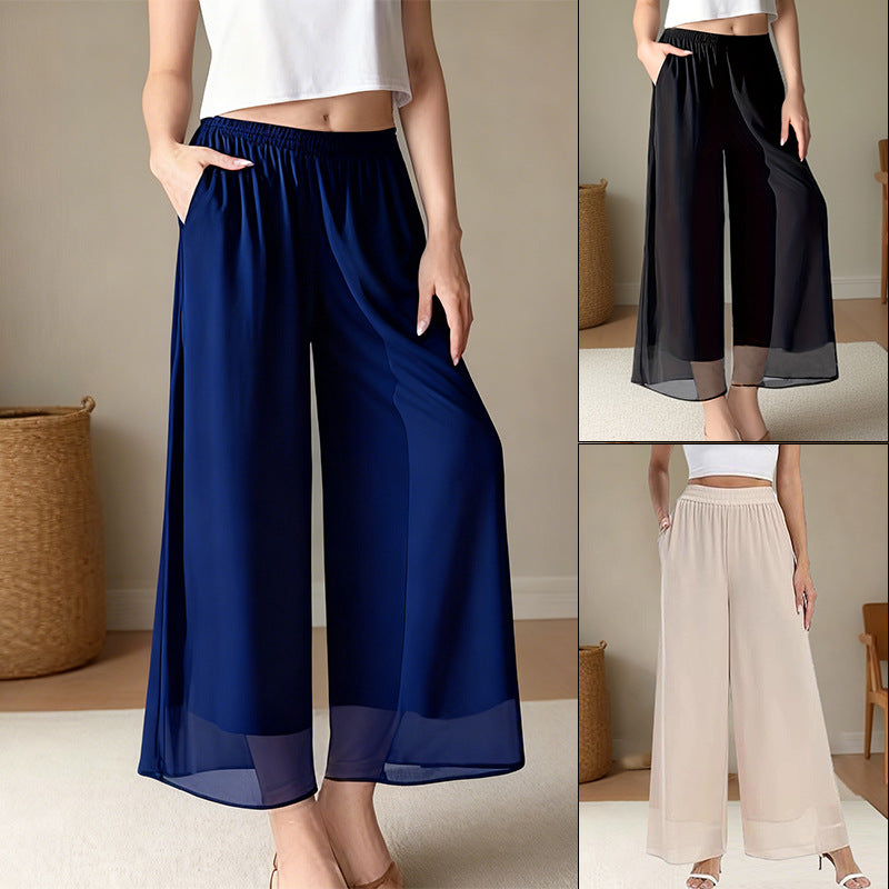 Damen Weit geschnittene Chiffon-Hose mit elastischem Taillenbund und hohen Seitentaschen EB