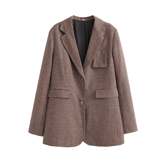 Damen elegante Karoblazer mit modernem Schnitt und praktischen Taschen EB