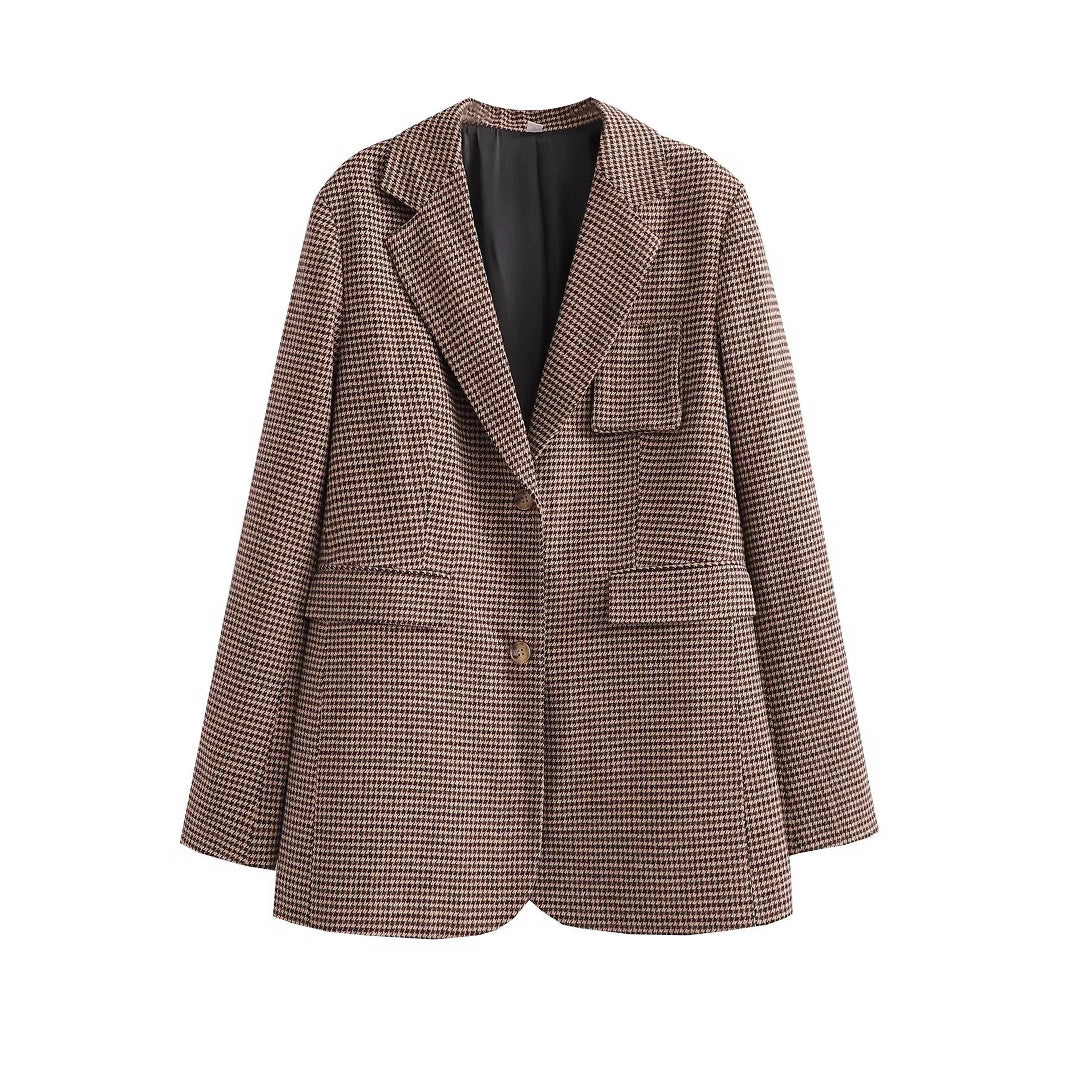 Damen modische Karoblazerjacke mit tailliertem Schnitt und großen Pattentaschen EB