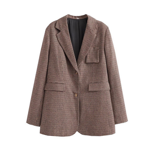 Damen modische Karoblazerjacke mit tailliertem Schnitt und großen Pattentaschen EB