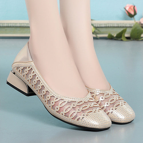 Damen Elegante Ballerinas mit funkelnden Strass-Details und komfortablem Blockabsatz EB