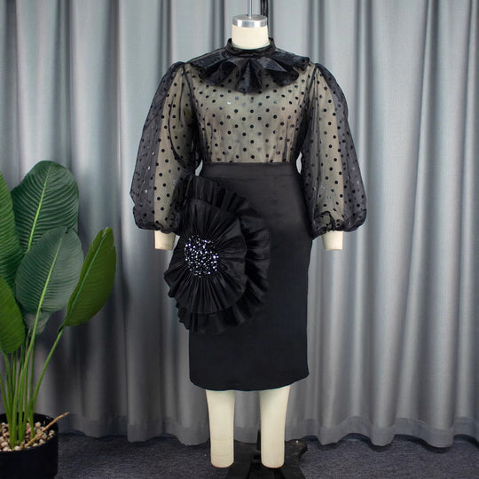 Damen Elegantes Kleid mit transparenten Puffärmeln und Rüschenakzent EB