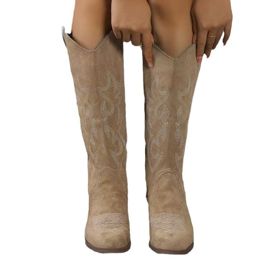 Damen nan Kniestiefel im Westernstil mit mittelhohem Blockabsatz seitlichem Reißverschluss und gesticktem Wildlederfinish EB