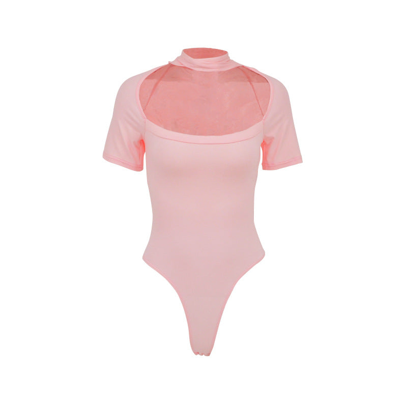 Damen Hochgeschlossenes Body-Oberteil mit transparentem Netz-Material und kurzen Ärmeln EB