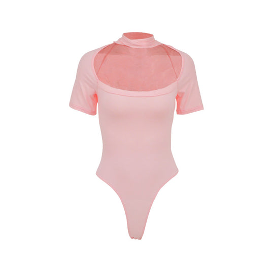 Damen Hochgeschlossenes Body-Oberteil mit transparentem Netz-Material und kurzen Ärmeln EB
