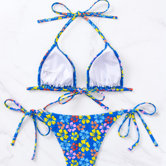 Damen Triangel-Bikini mit floralem Print und verstellbaren Schnüren EB