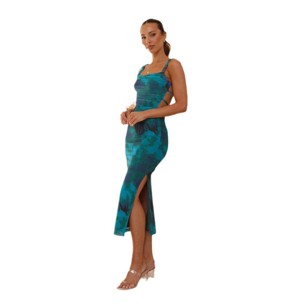 Damen Figurbetontes Midi-Kleid mit seitlichem Schlitz und Schulterträgern EB