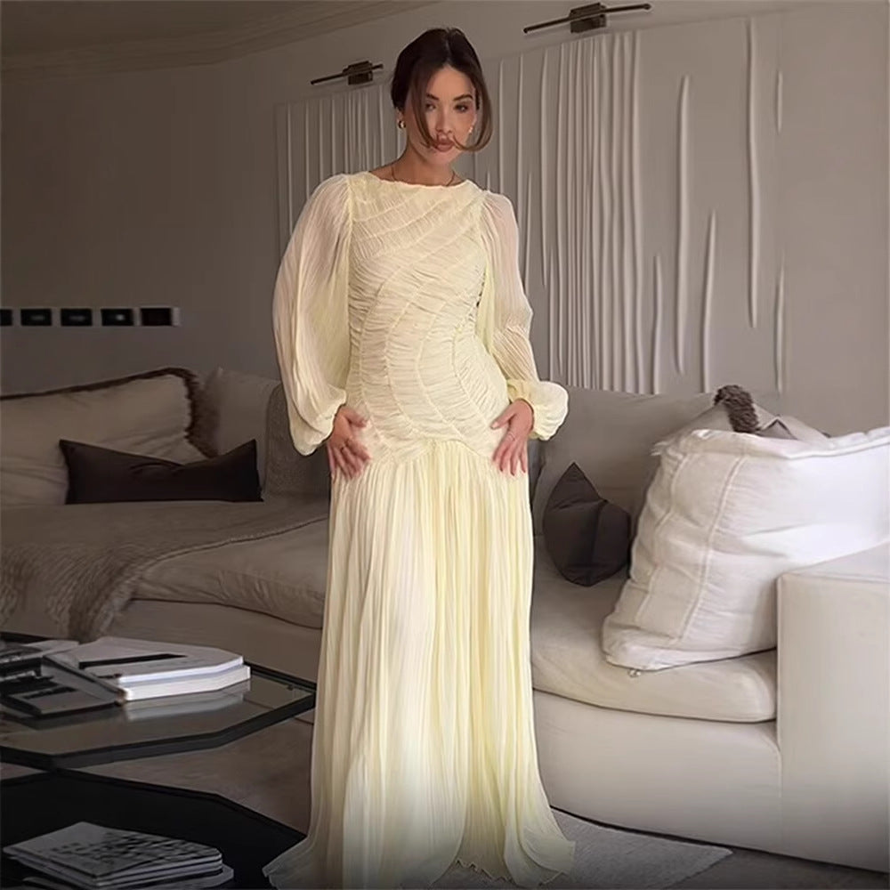 Damen Maxikleid mit eleganter Raffung und voluminösen Ärmeln EB