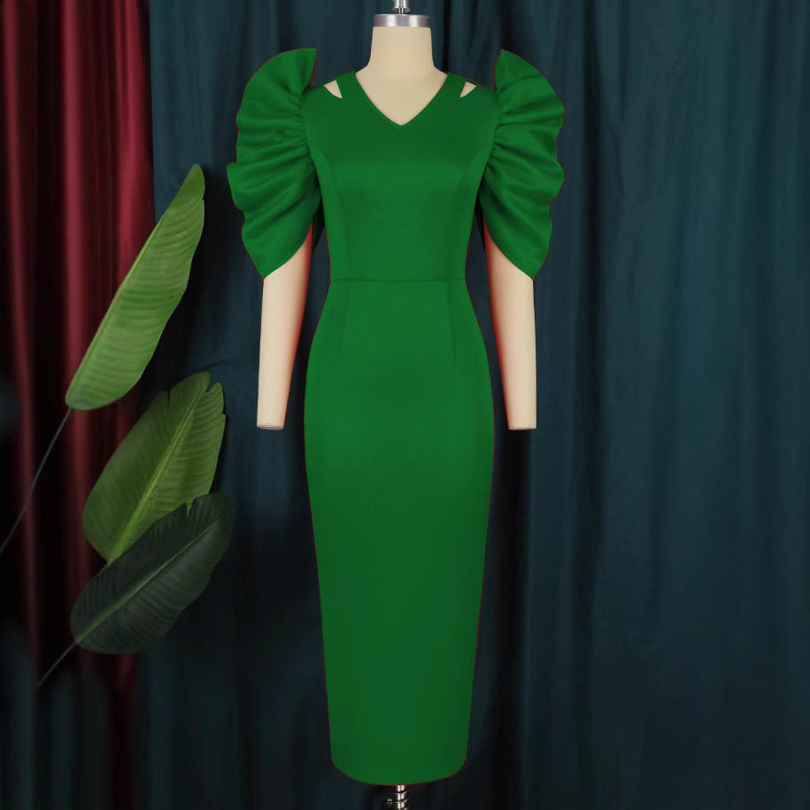 Damen Elegantes Midi-Kleid mit voluminösen Puffärmeln EB