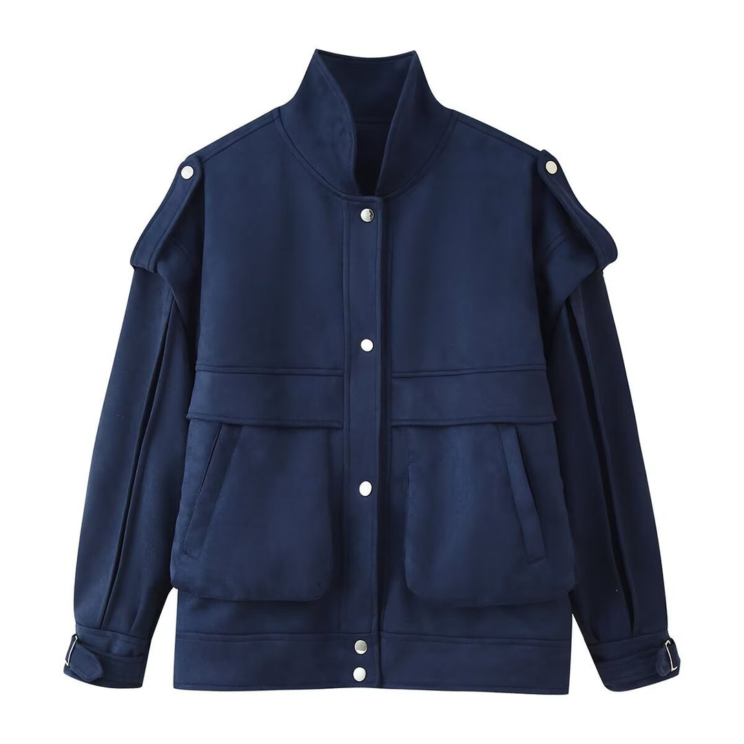 Damen Modische Utility-Jacke mit hohen Kragen und praktischen Taschen EB