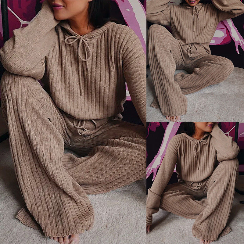 Damen Geripptes Strick-Loungewear-Set mit Kapuzenpullover und weiter Kordelzughose EB