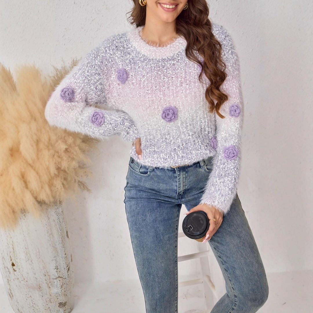 Damen Fluffiger Strickpullover mit floralem Design EB