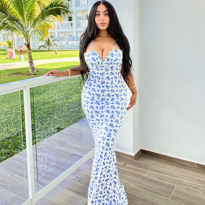 Damen Bodenlanges Kleid mit floralem Muster und verstellbaren Trägern EB