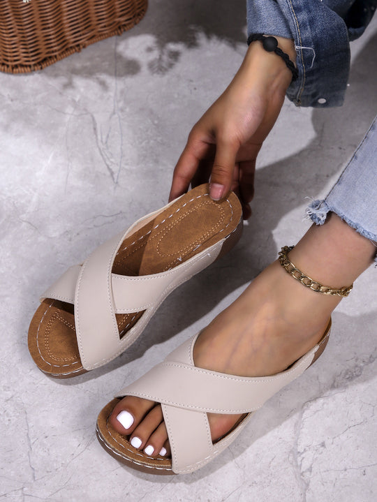 Damen komfortable Wedge-Pantoletten mit elegantem Überkreuz-Design EB