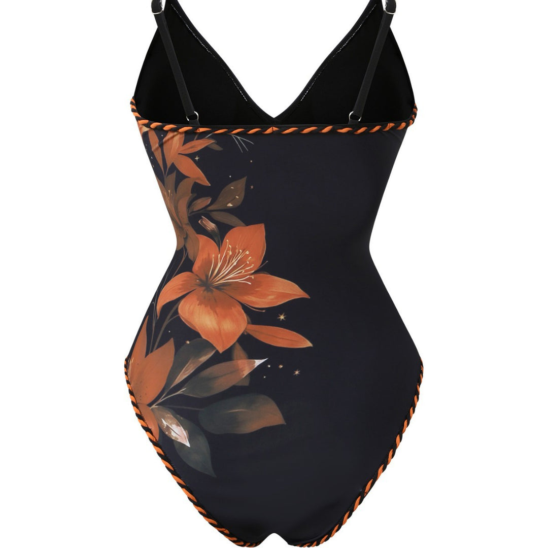 Damen Mode-Badeanzug mit floralem Design und transparentem Wickelrock EB