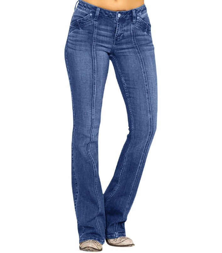 Damen nan weite Schlagjeans mit hochgeschnittener Taille, figurbetontem Hüftschnitt und elastischem Denim EB