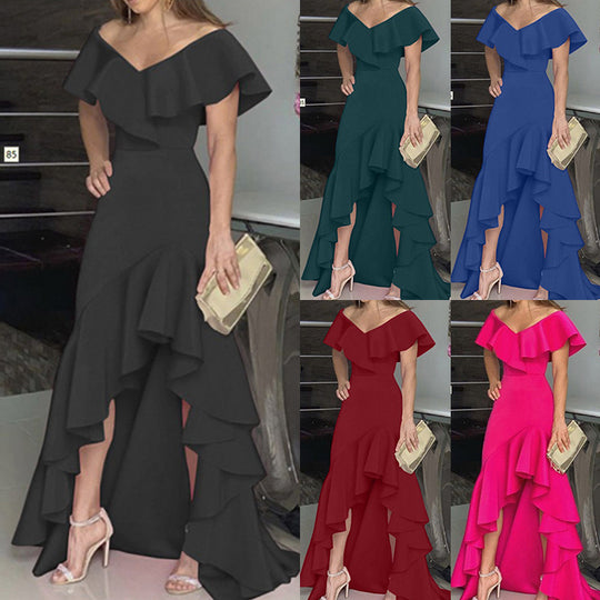 Damen Maxikleid mit voluminösen Rüschen und schulterfreiem Design EB