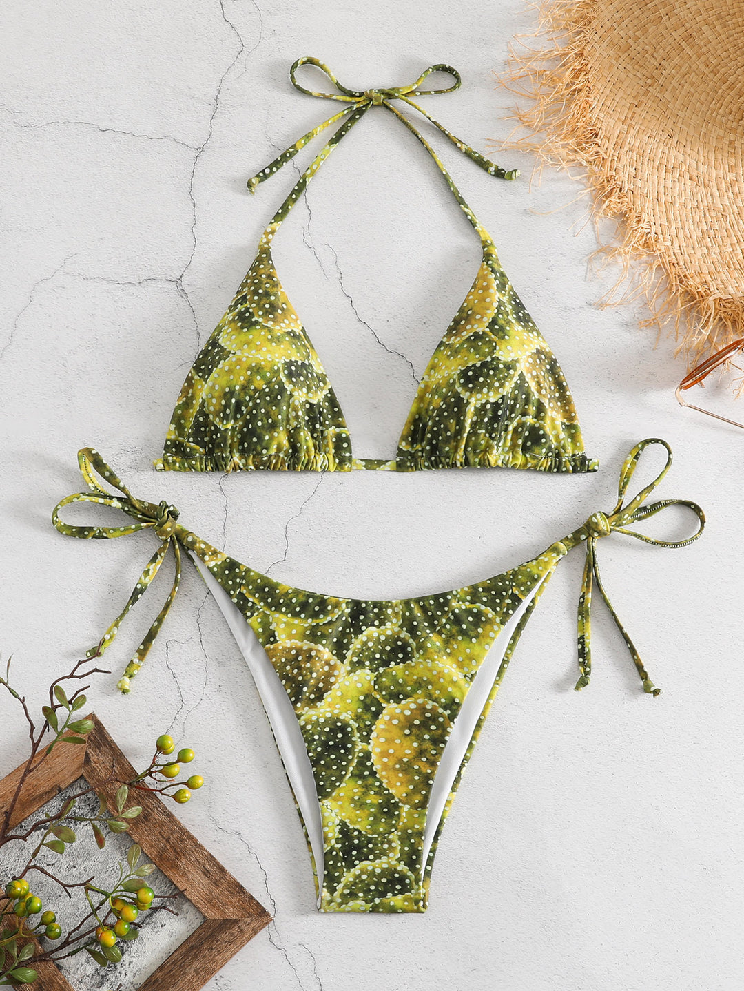 Damen Triangel-Bikini mit verspieltem Muster und verstellbaren Bindebändern EB