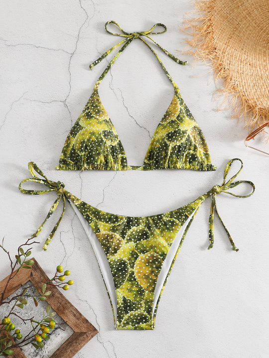Damen Triangel-Bikini mit verspieltem Muster und verstellbaren Bindebändern EB