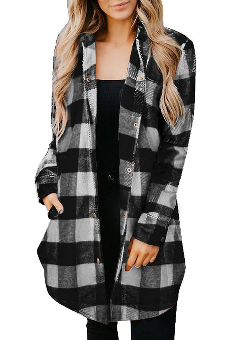Damen lässige Longbluse im Karo-Design mit Knopfleiste EB