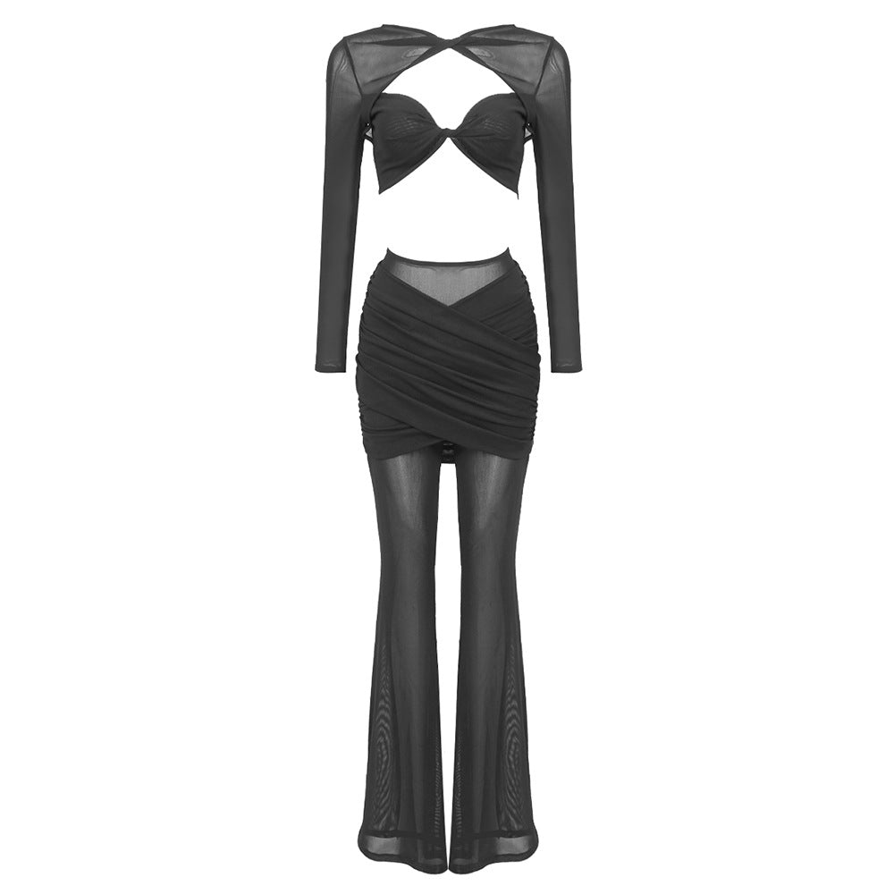 Damen elegantes Crop-Top und weit geschnittene Hose Set EB
