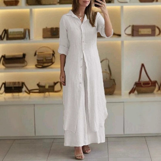 Damen nan langes Leinen-Hemdblusenkleid mit durchgehender Knopfleiste, Hemdkragen und dezentem A-Linien-Schnitt EB